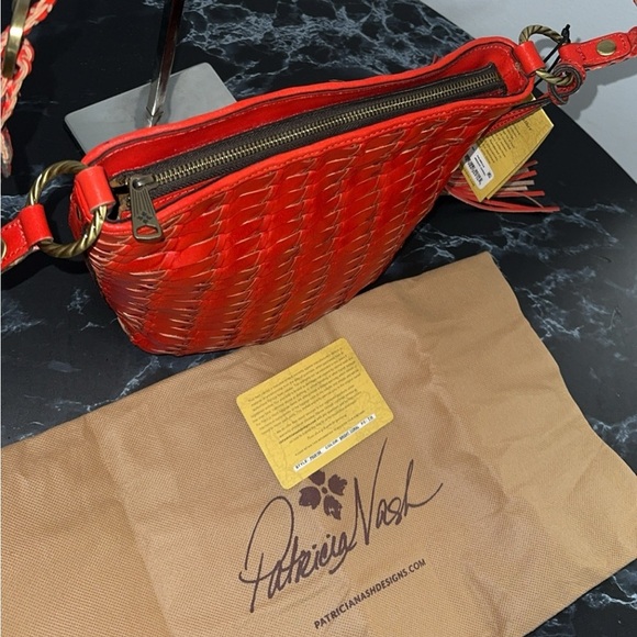 Patricia Nash Woven Leather Valbella Zip Crossbody Bright Coral Red AUTHENTIC - Picture 9 of 15